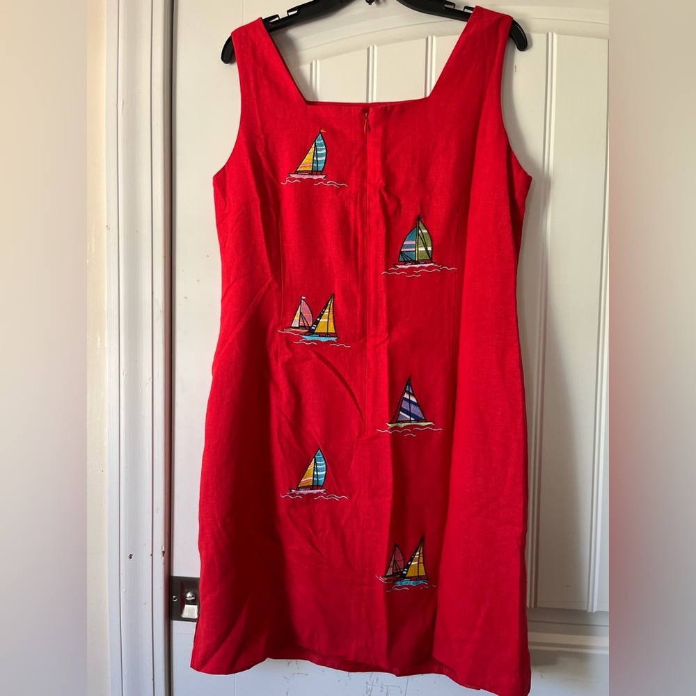 Vintage Ultra Red Sailboat Embroidered Linen Blend Sheath Dress Women’s Size 14 - Picture 8 of 14